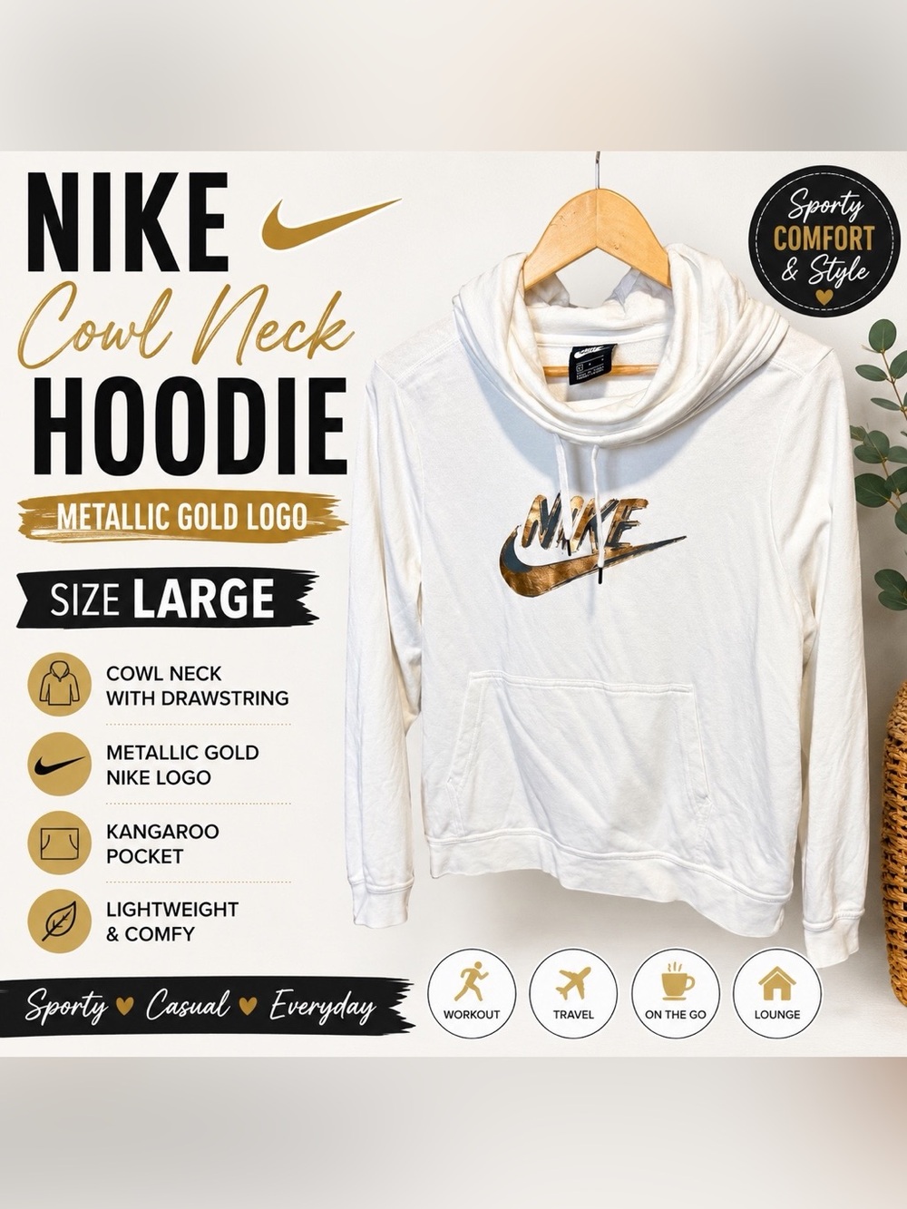 Nike White Cowl Neck Hoodie Metallic Gold Logo Women’s Large